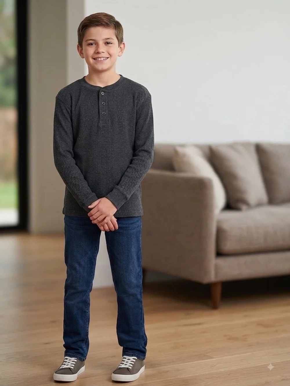 Essentials Boys Charcoal Gray Long-Sleeve Henley.     Size  M 10/12        KS 31